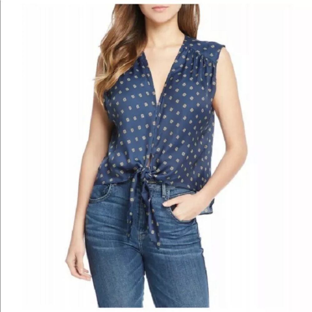 Free People NWT Starry Dreams Printed Tie Front Blouse Blue Size XS